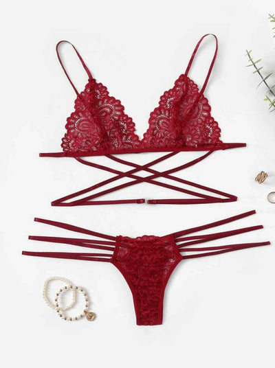 Floral Lace Criss Cross Lingerie Set